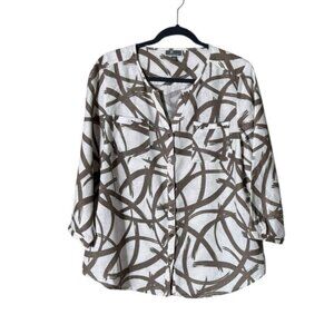 Womens Linen Button Up Top Blouse Size 14P‎ Beachy Coastal Lagom Artsy Abstract